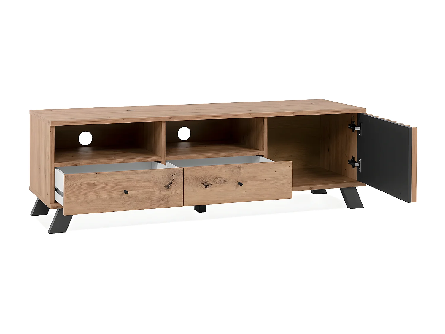 Mobile TV con 1 anta, 2 cassetti e 2 nicchie, decorazione artigianale in rovere, L 138 cm - Lublino