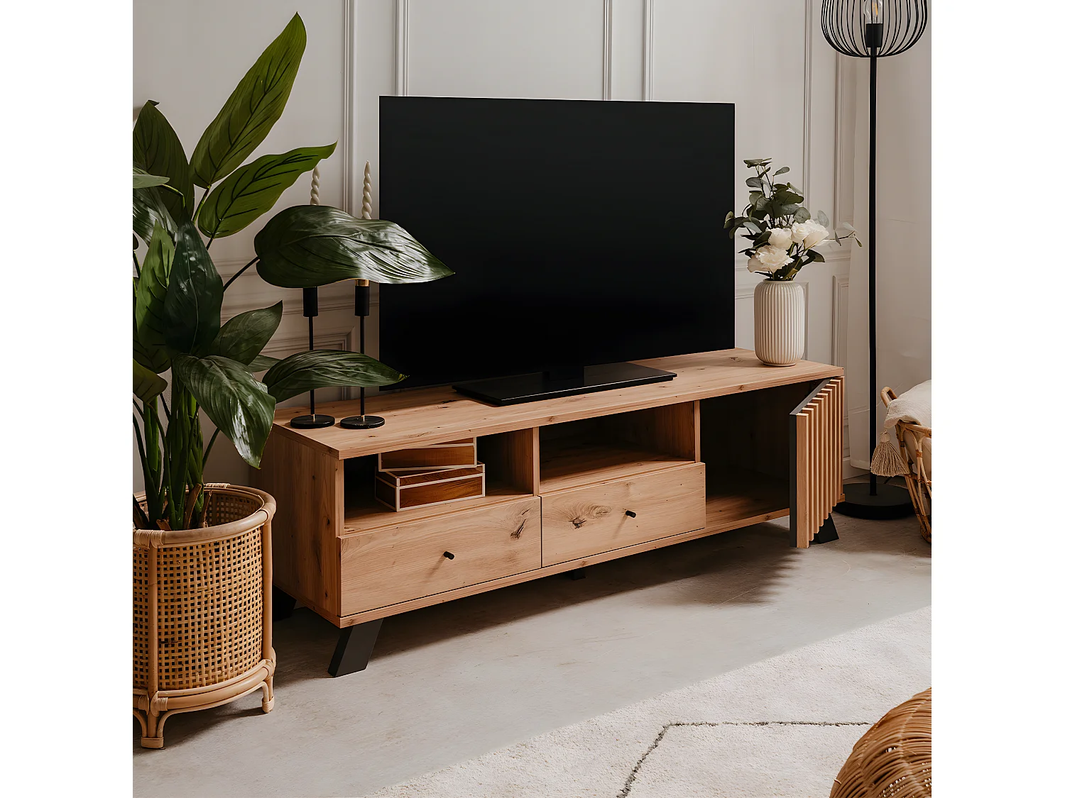 Meuble TV 1 porte, 2 tiroirs et 2 niches décor chêne artisan L138 cm - LUBLIN