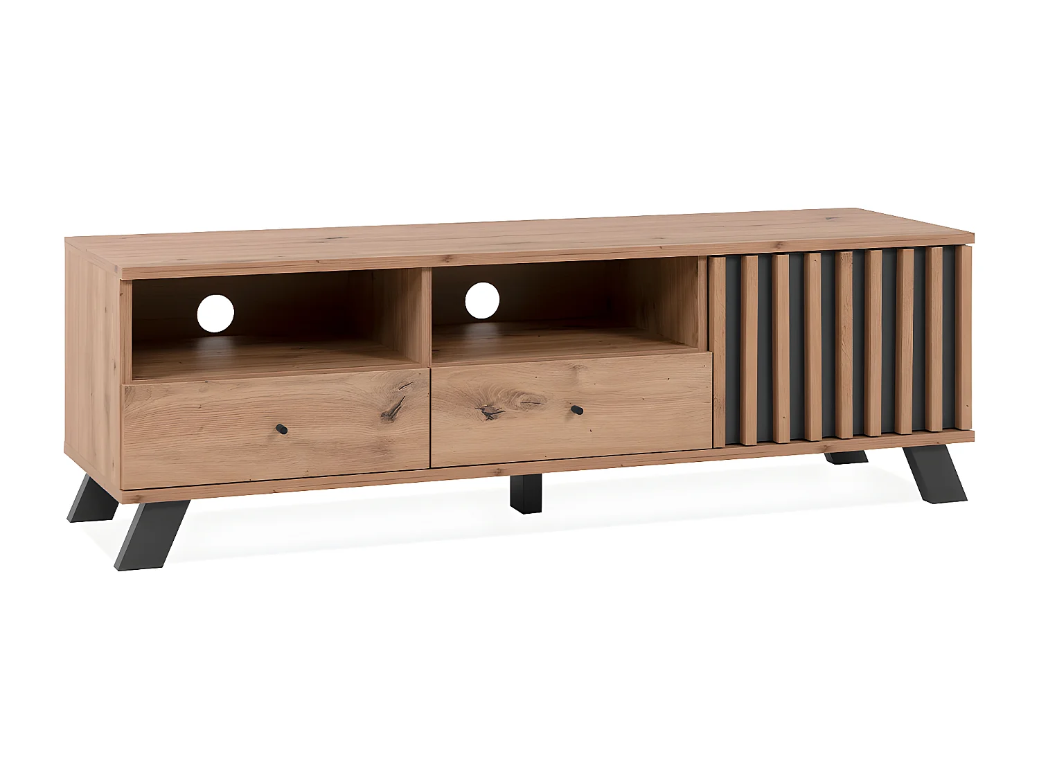 Meuble TV 1 porte, 2 tiroirs et 2 niches décor chêne artisan L138 cm - LUBLIN