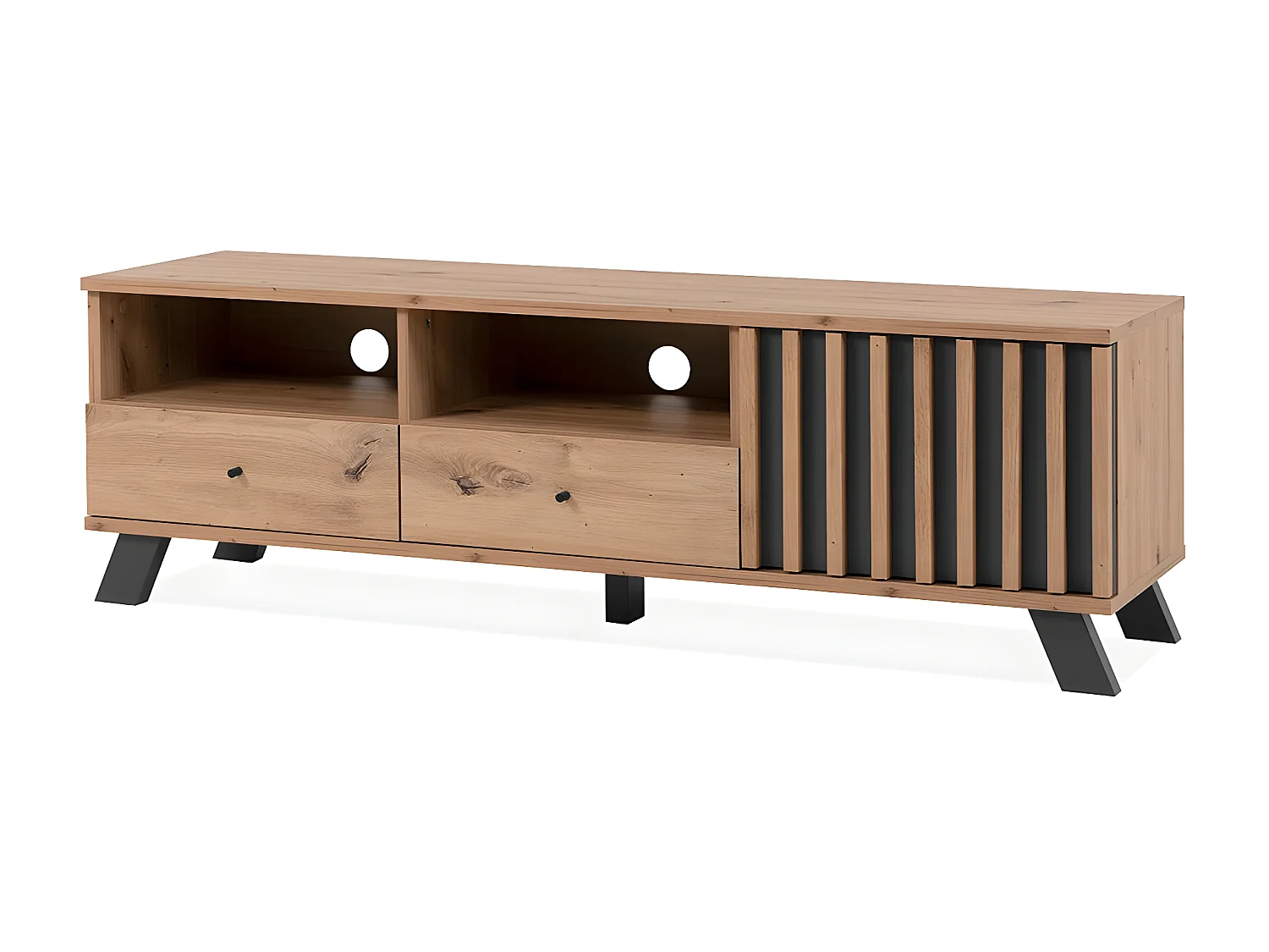 Meuble TV 1 porte, 2 tiroirs et 2 niches décor chêne artisan L138 cm - LUBLIN