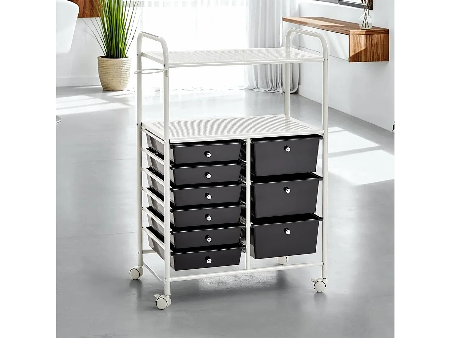 Caisson sur roulettes MARITA chariot 9 tiroirs en plastique noir et 2 étagères, rangement salle de bain en métal blanc