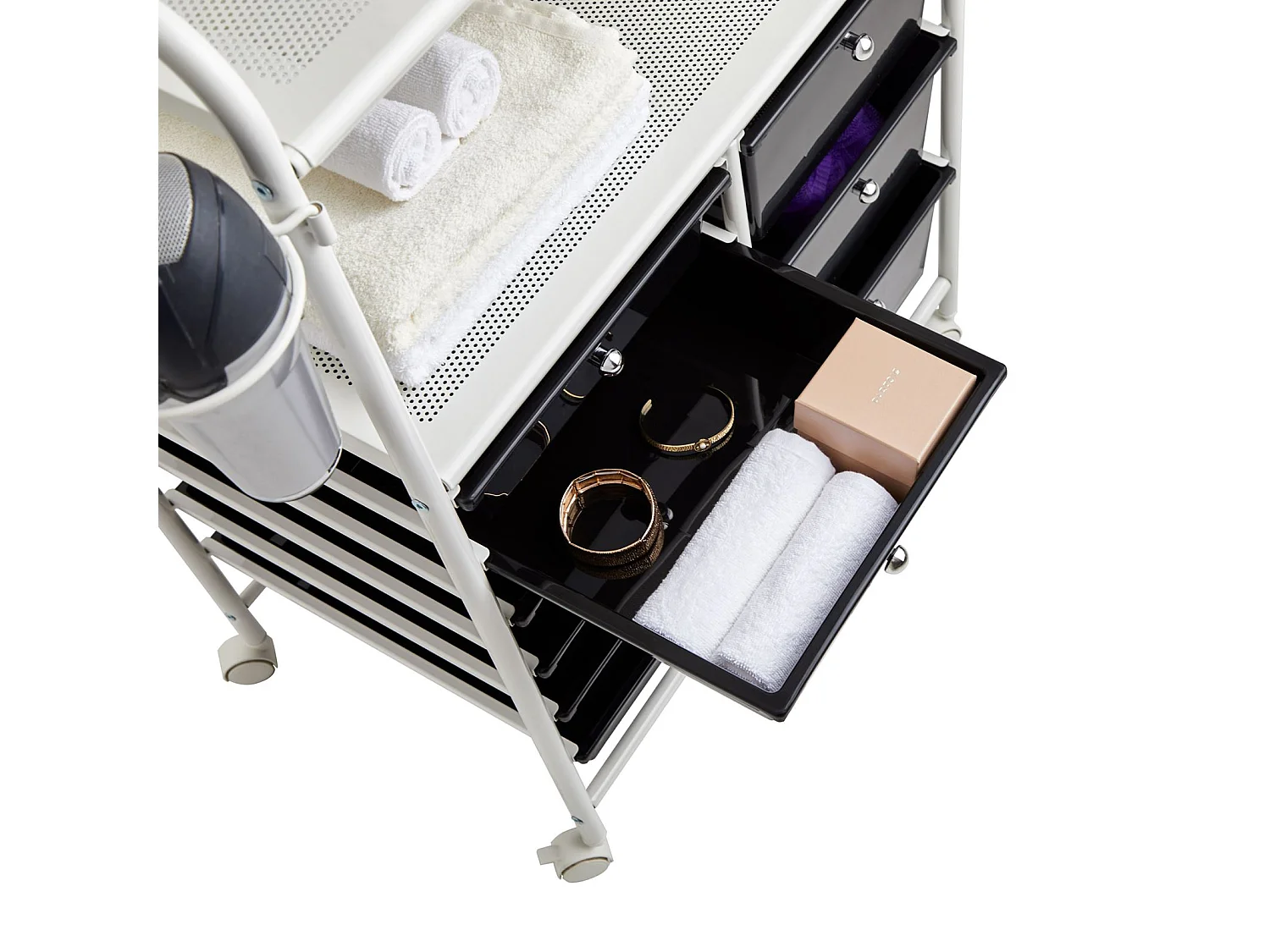 Caisson sur roulettes MARITA chariot 9 tiroirs en plastique noir et 2 étagères, rangement salle de bain en métal blanc
