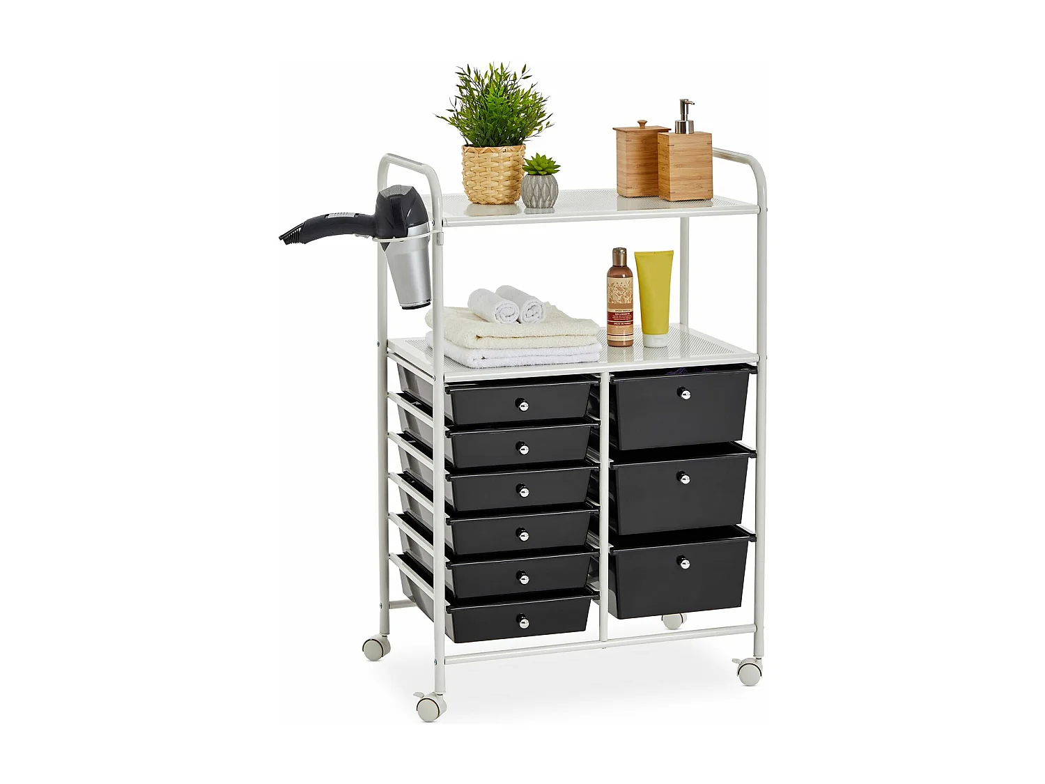 Caisson sur roulettes MARITA chariot 9 tiroirs en plastique noir et 2 étagères, rangement salle de bain en métal blanc