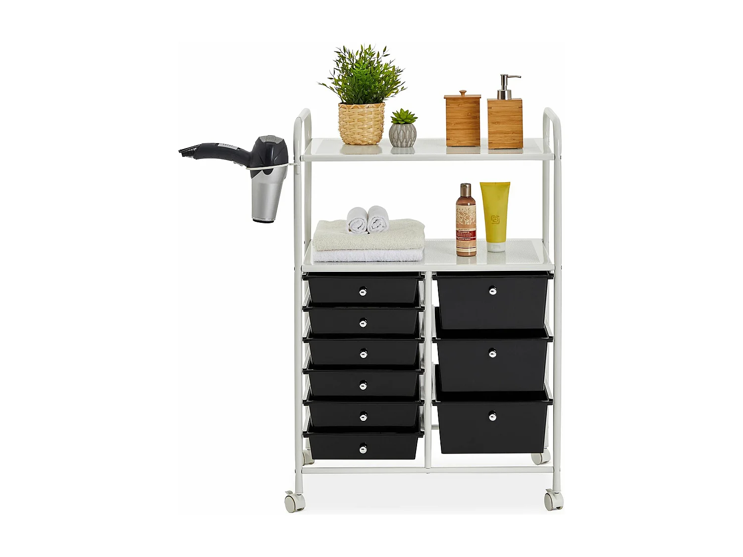 Caisson sur roulettes MARITA chariot 9 tiroirs en plastique noir et 2 étagères, rangement salle de bain en métal blanc