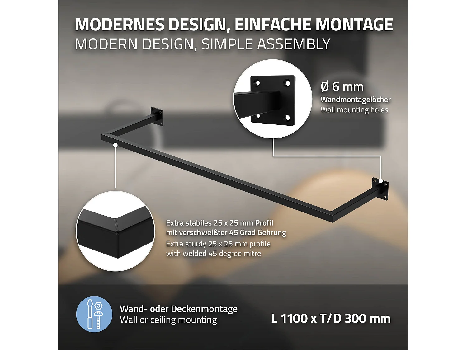 Perchero de pared 110 x 30 cm negro para vestidor barra para ropa hasta 50 kg