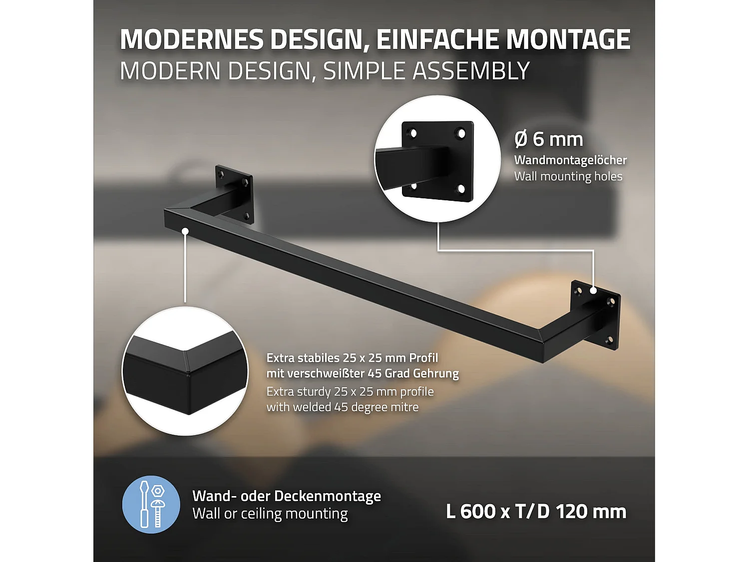 Perchero de pared 60x12cm negro para vestidor/armario barra para ropa hasta 50kg