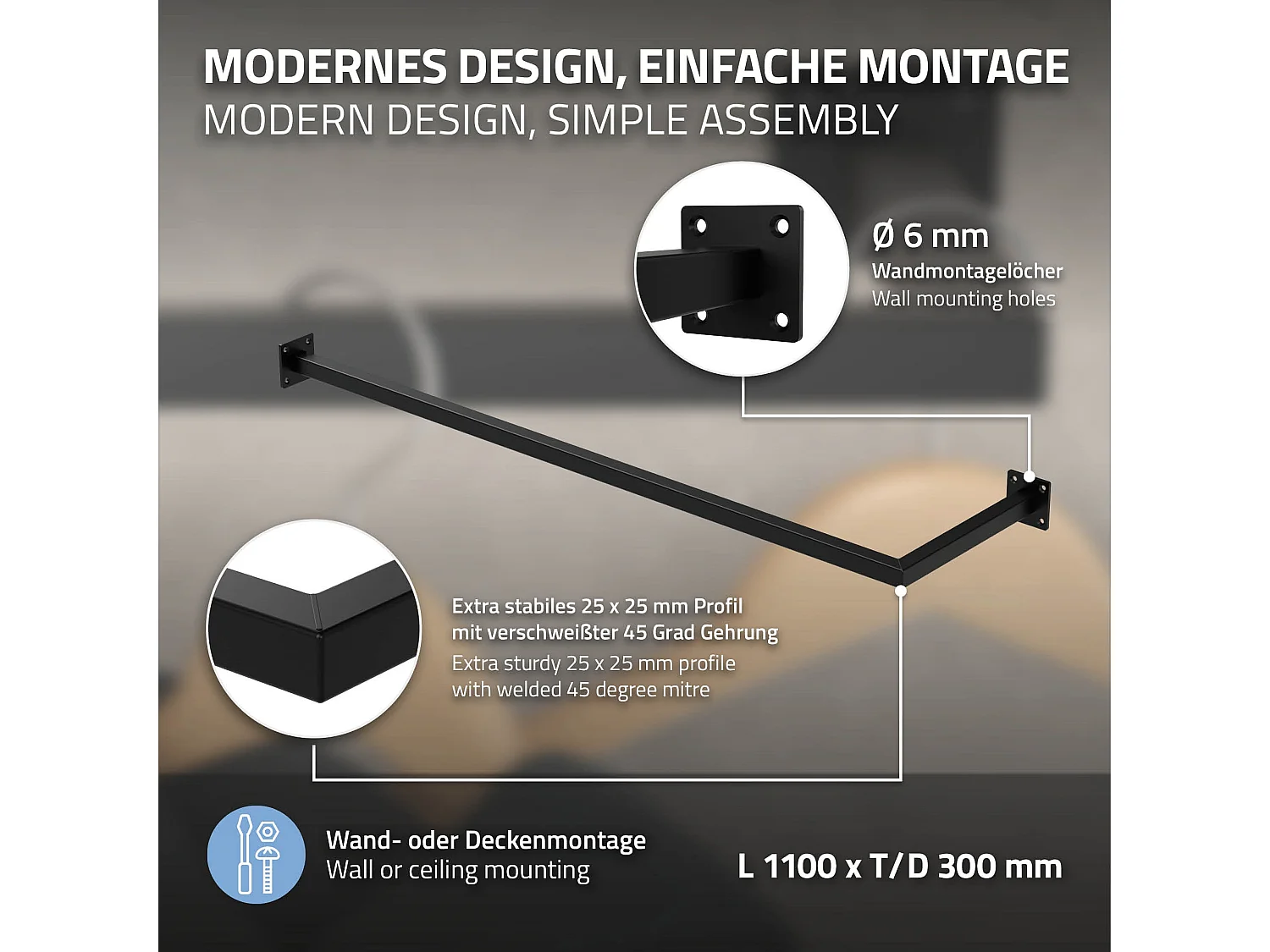 Perchero de pared 110 x 30 cm negro en forma de L para vestidor barra para ropa