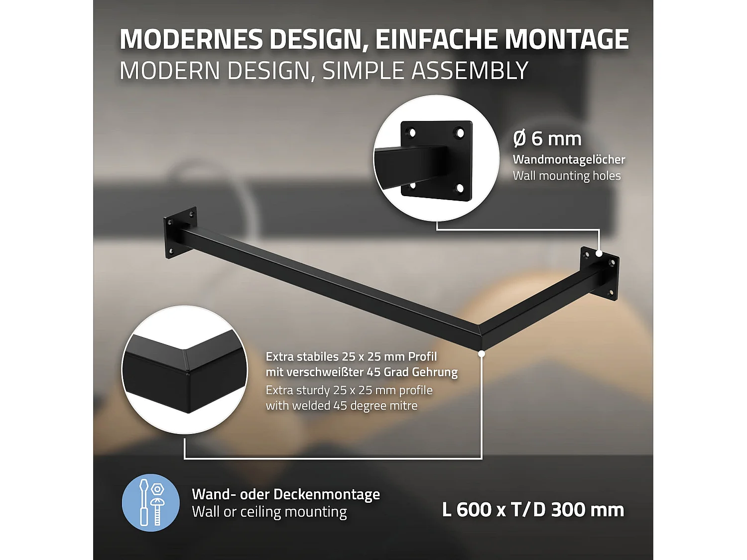 Tringle à vêtements tringle de support noir montage mural porte-manteau 60x30 cm