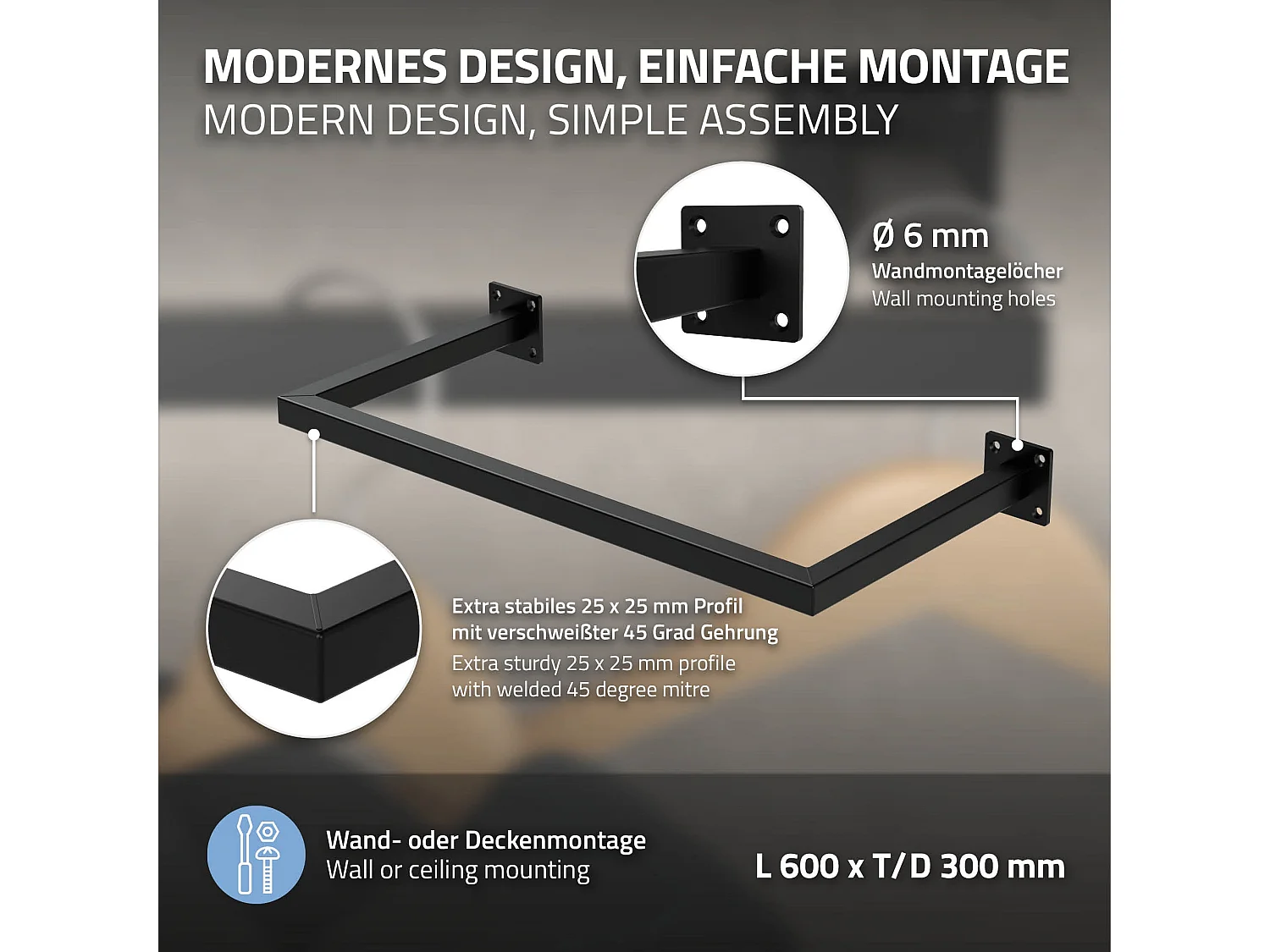 Tringle à vêtements tringle de support noir montage mural porte-manteau 60x30 cm