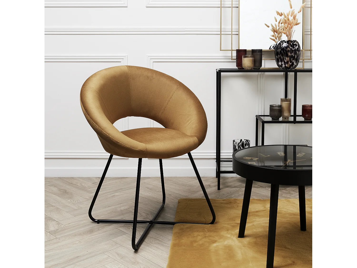 Fauteuil Rond Velours Cotele Giulia Jaune Noir, Jaune