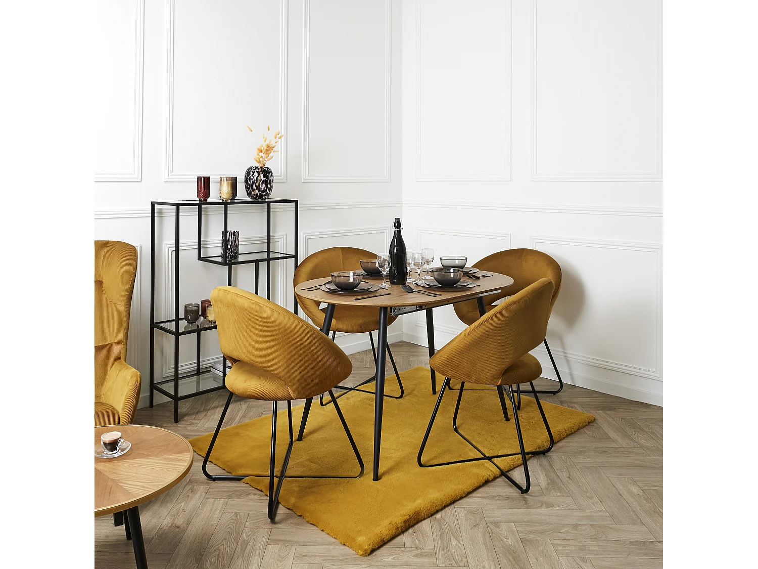 Fauteuil Rond Velours Cotele Giulia Jaune Noir, Jaune