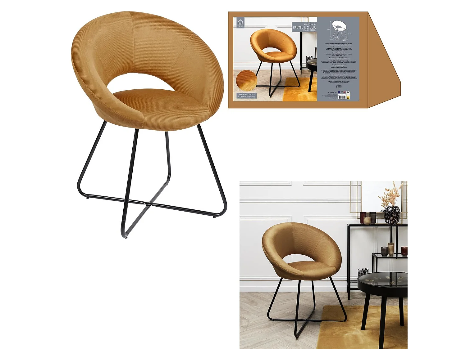 Fauteuil Rond Velours Cotele Giulia Jaune Noir, Jaune