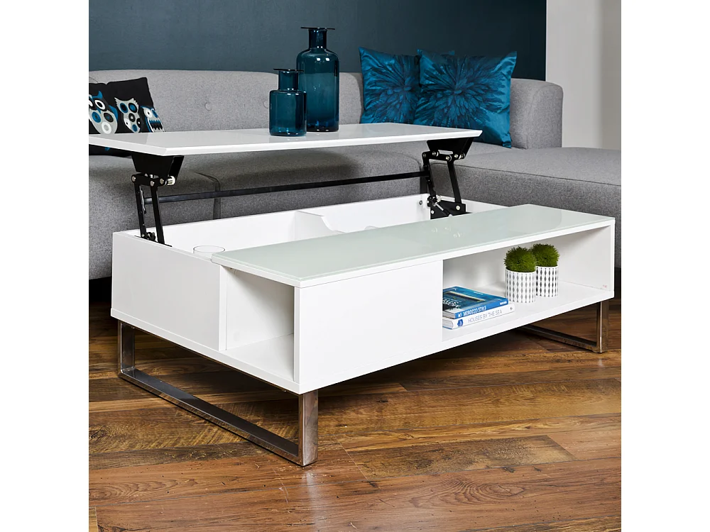 Table basse - 110x60 cm - relevable avec élément en verre trempé - blanc - KOSTRENA