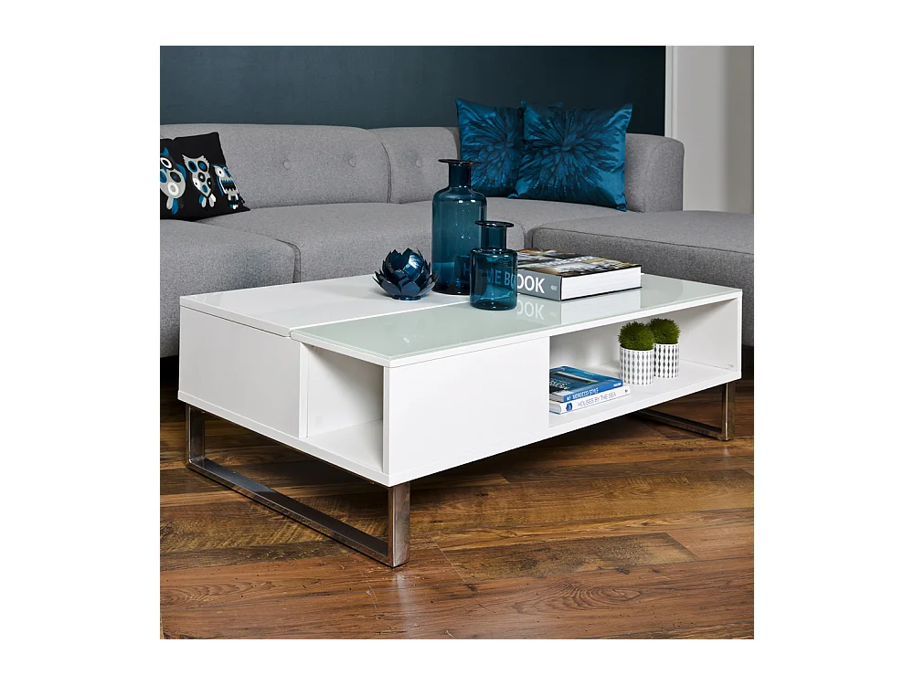 Table basse - 110x60 cm - relevable avec élément en verre trempé - blanc - KOSTRENA