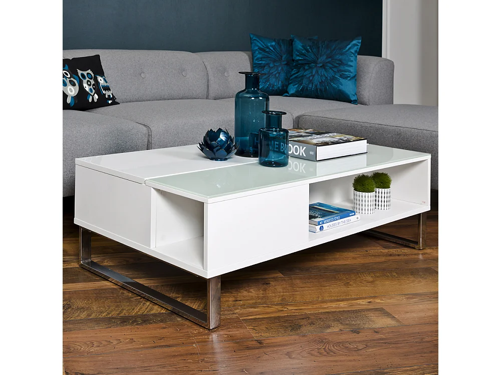 Table basse - 110x60 cm - relevable avec élément en verre trempé - blanc - KOSTRENA