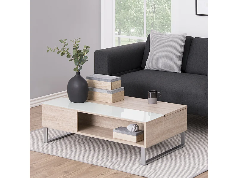 Table basse - 110x60 cm - relevable avec élément en verre trempé - chêne sonoma  - KOSTRENA