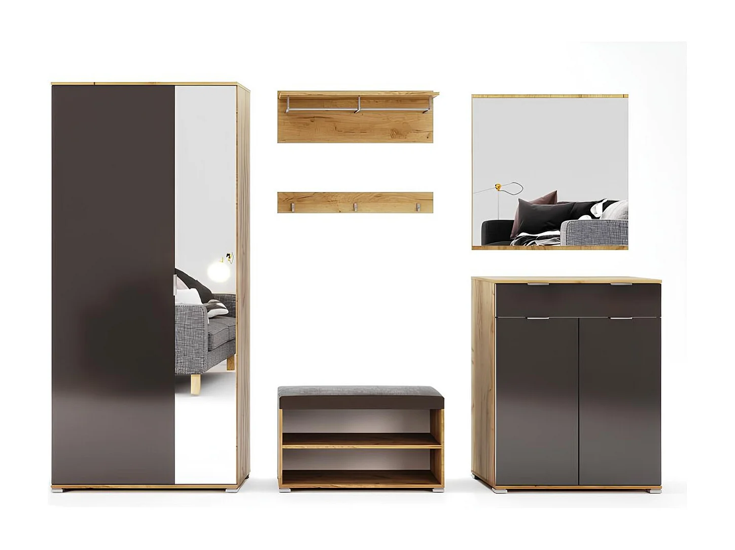 Ensemble d'entrée vestiaire avec miroir, commode, armoire et banc chaussures LUNE chêne-lave 2,2 m