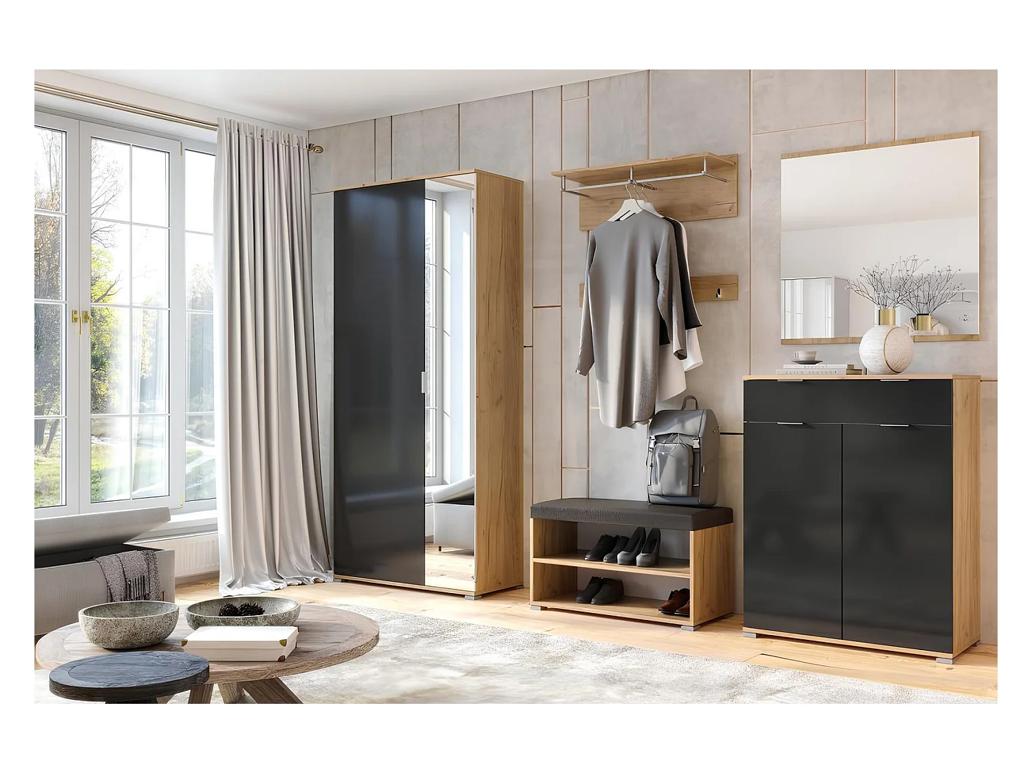 Ensemble d'entrée vestiaire avec miroir, commode, armoire et banc chaussures LUNE chêne-lave 2,2 m