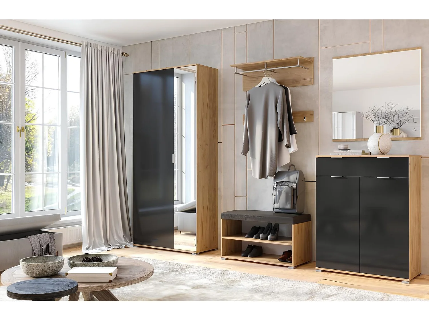 Ensemble d'entrée vestiaire avec miroir, commode, armoire et banc chaussures LUNE chêne-lave 2,2 m