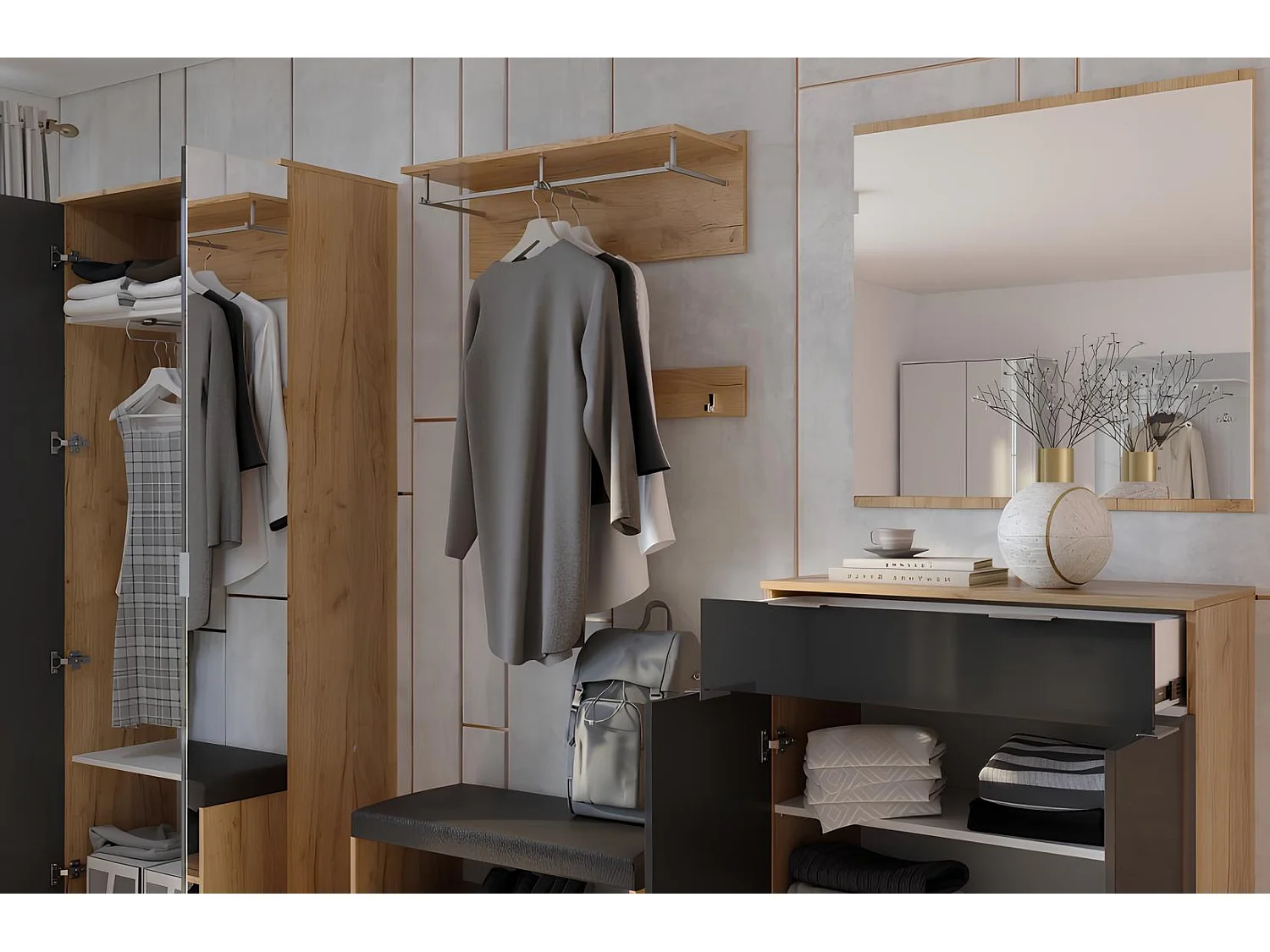 Ensemble d'entrée vestiaire avec miroir, commode, armoire et banc chaussures LUNE chêne-lave 2,2 m