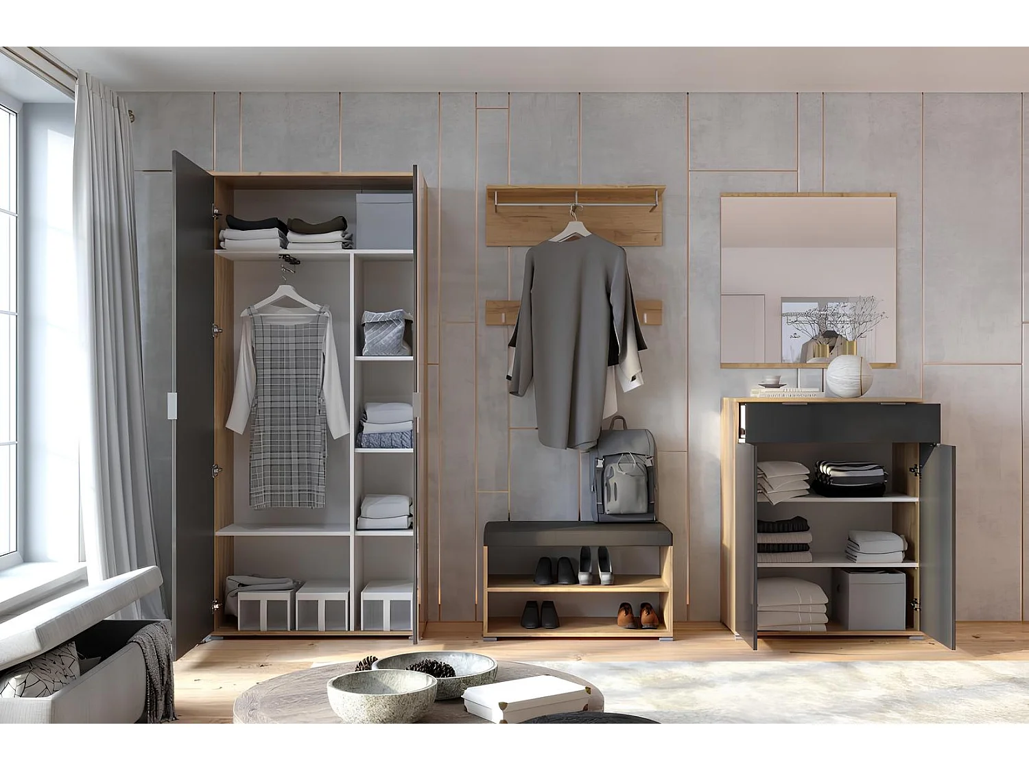 Ensemble d'entrée vestiaire avec miroir, commode, armoire et banc chaussures LUNE chêne-lave 2,2 m