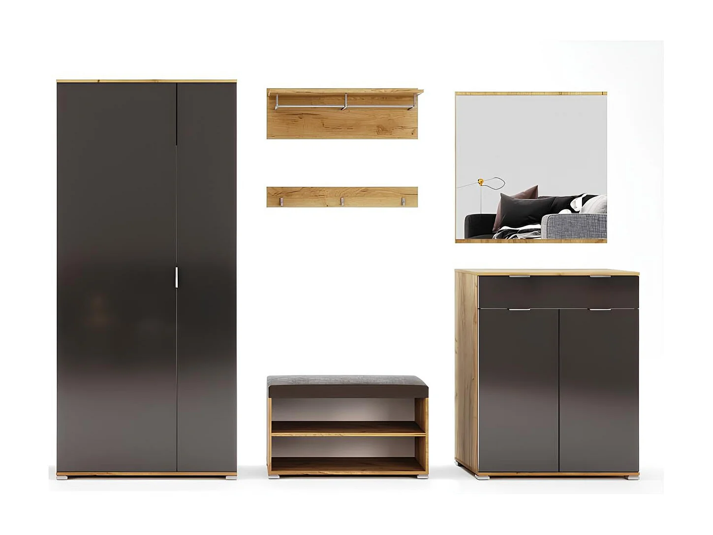 Ensemble d'entrée vestiaire avec miroir, commode, armoire et banc chaussures LUNE chêne-lave 2,2 m