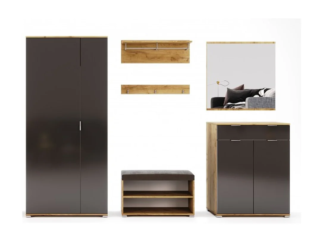 Ensemble d'entrée vestiaire avec miroir, commode, armoire et banc chaussures LUNE chêne-lave 2,2 m