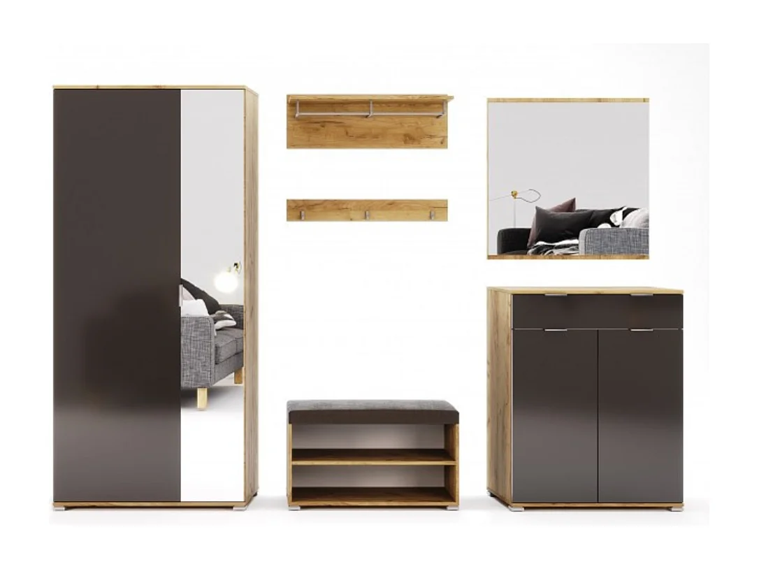 Ensemble d'entrée vestiaire avec miroir, commode, armoire et banc chaussures LUNE chêne-lave 2,2 m
