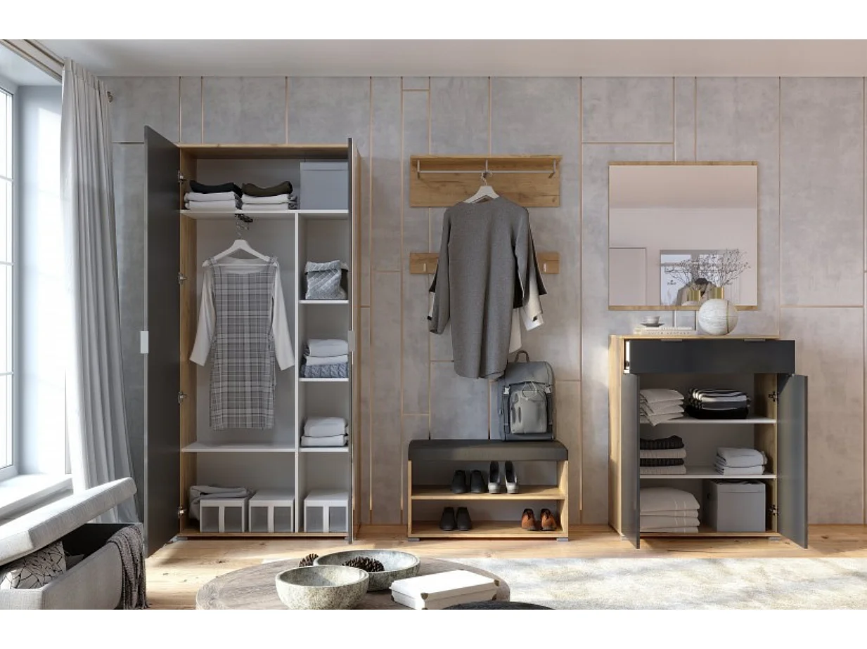 Ensemble d'entrée vestiaire avec miroir, commode, armoire et banc chaussures LUNE chêne-lave 2,2 m