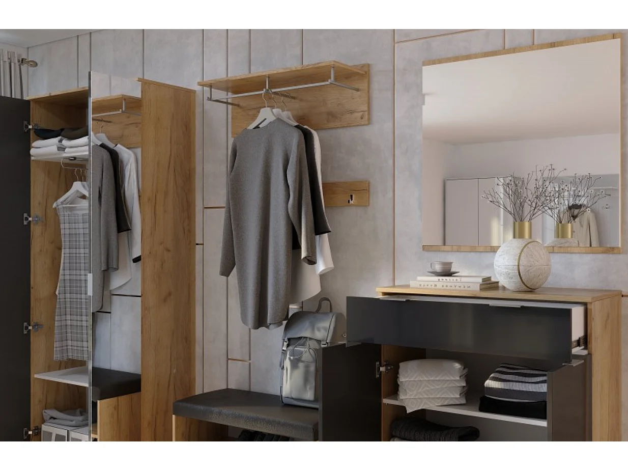 Ensemble d'entrée vestiaire avec miroir, commode, armoire et banc chaussures LUNE chêne-lave 2,2 m