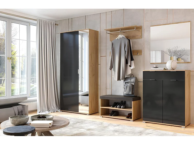 Ensemble d'entrée vestiaire avec miroir, commode, armoire et banc chaussures LUNE chêne-lave 2,2 m