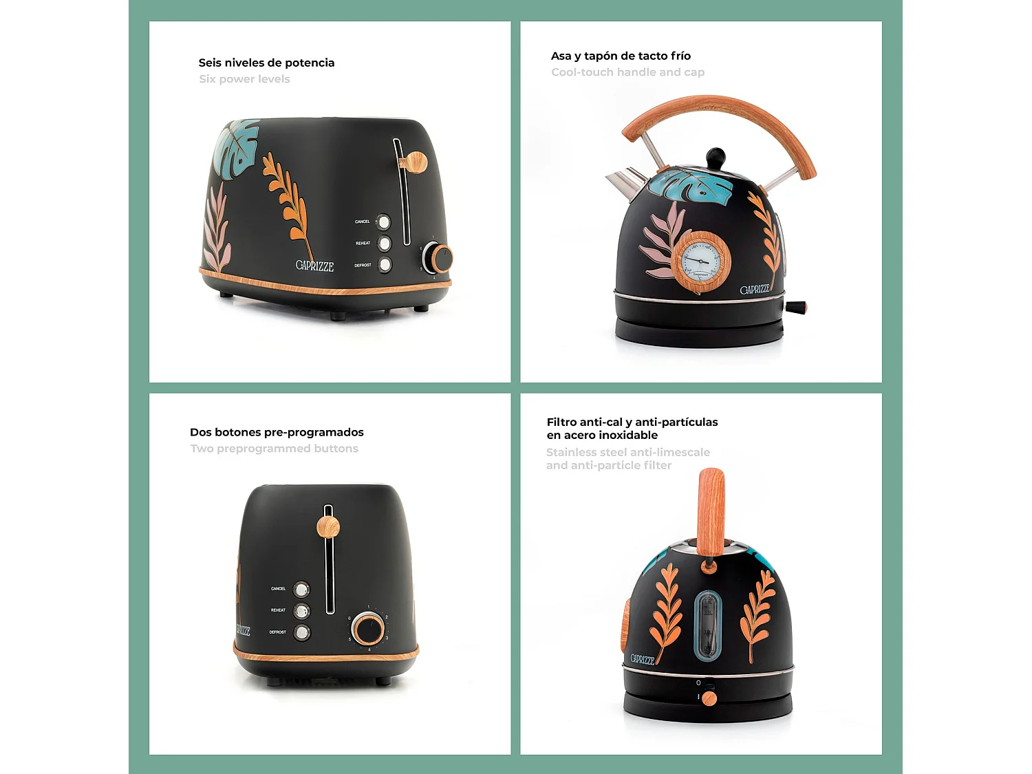 Pack Tostadora de Pan Caprizze Kaito con Doble Ranura Extra Ancha y Hervidora Nara Color Negro Mate Floral Diseño Retro Vintage