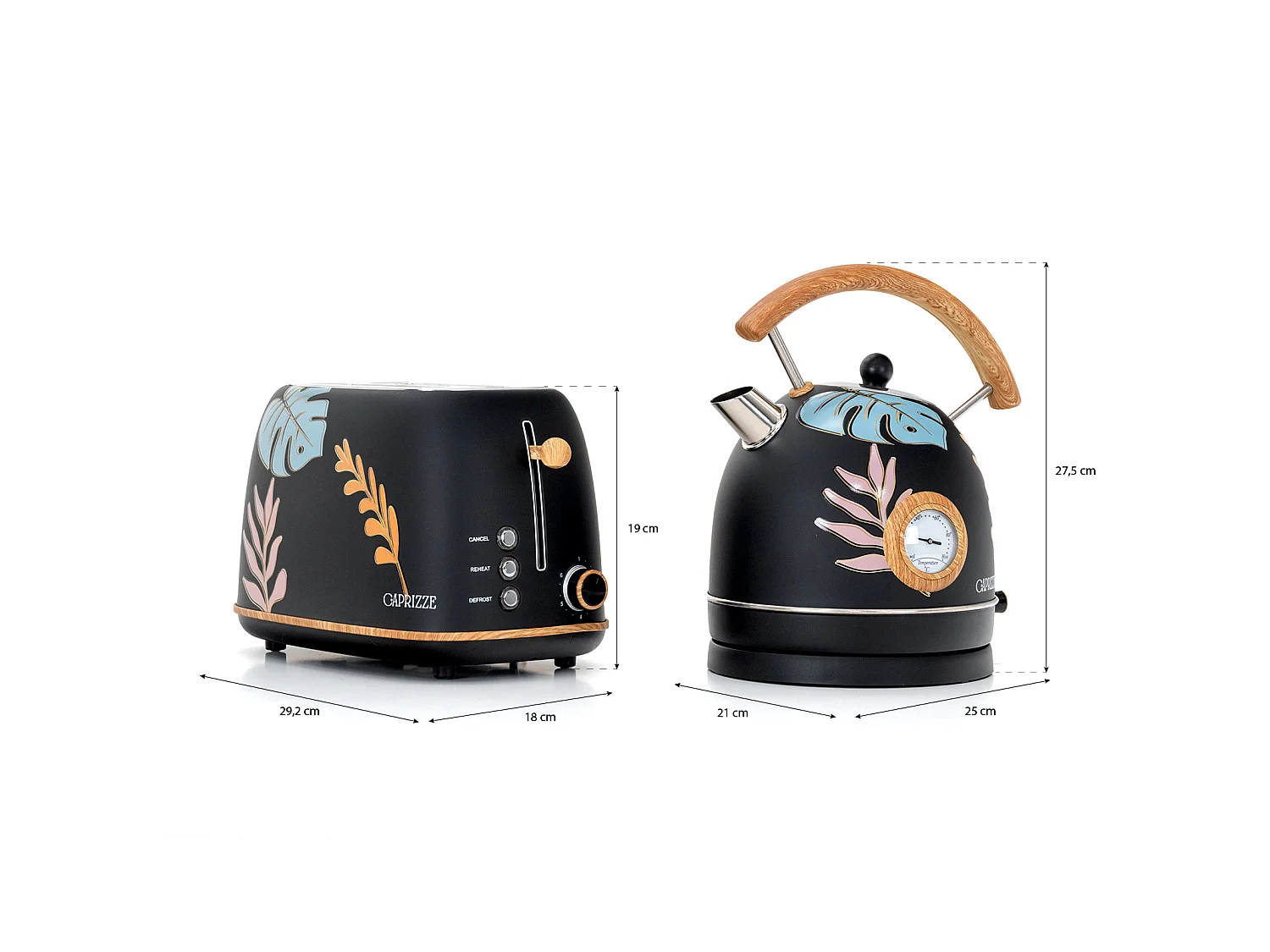 Pack Tostadora de Pan Caprizze Kaito con Doble Ranura Extra Ancha y Hervidora Nara Color Negro Mate Floral Diseño Retro Vintage