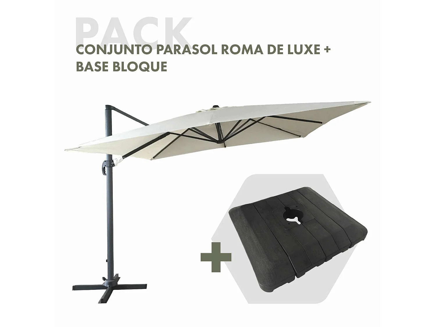 Ensemble Parasol Chillvert Roma de Luxe 300x400x280 cm en Aluminium Couleur Beige + Base Parasol 97,5x98x18,5 cm en Résine
