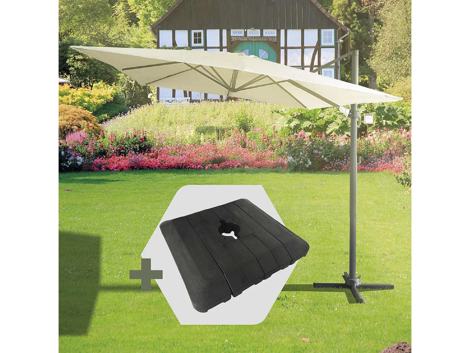 Ensemble Parasol Chillvert Roma de Luxe 300x400x280 cm en Aluminium Couleur Beige + Base Parasol 97,5x98x18,5 cm en Résine
