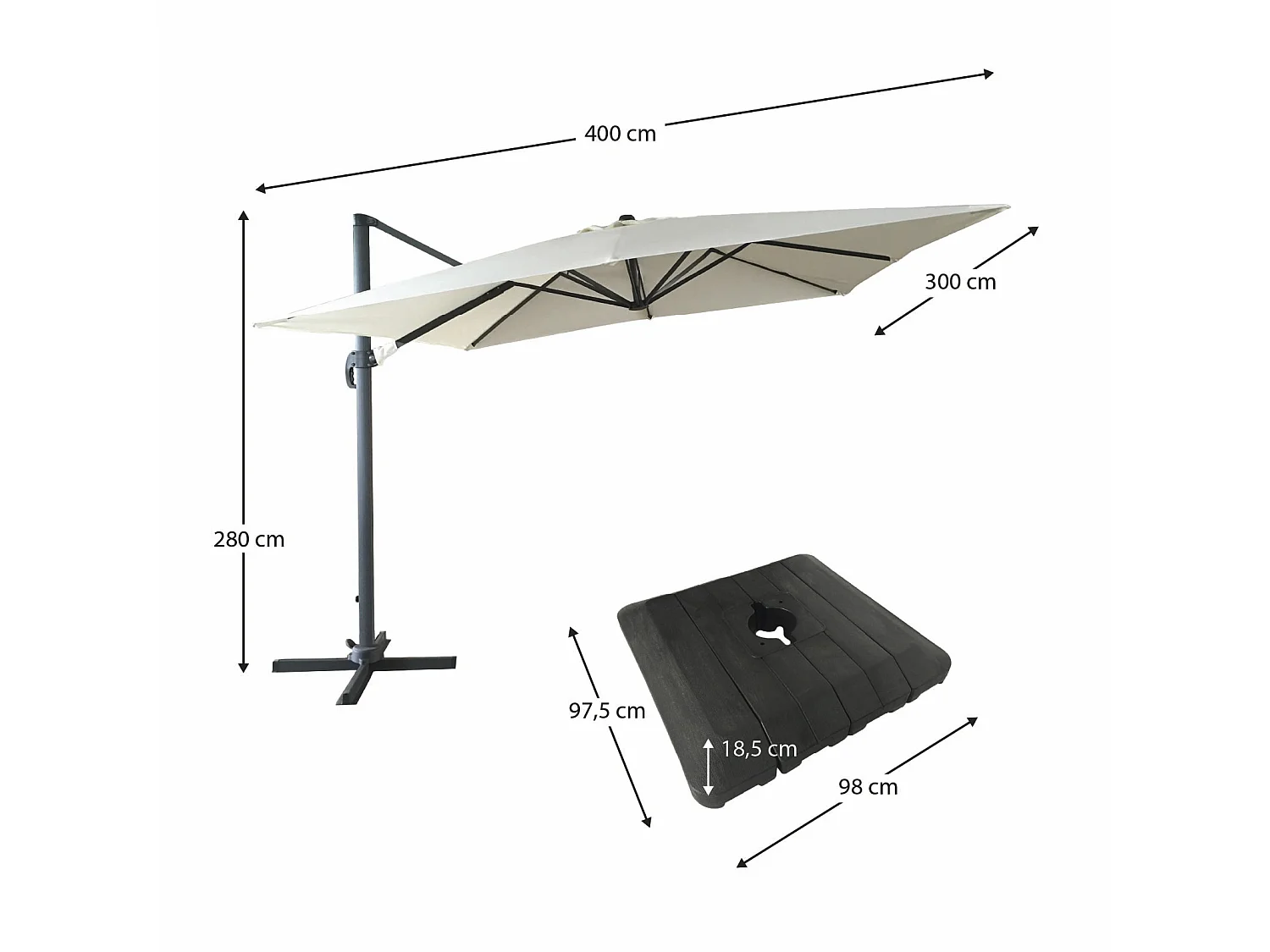 Ensemble Parasol Chillvert Roma de Luxe 300x400x280 cm en Aluminium Couleur Beige + Base Parasol 97,5x98x18,5 cm en Résine