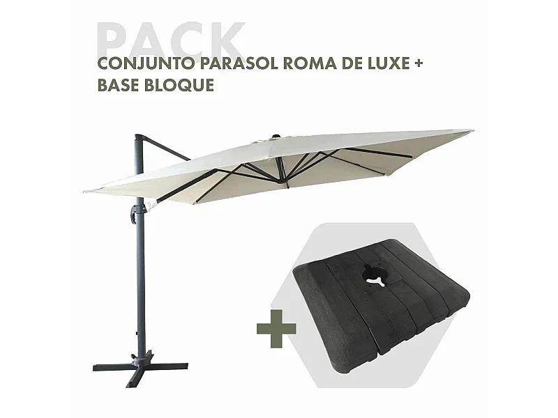 Conjunto Parasol Chillvert Roma de Luxe 300x400x280 cm de Alumunio Color Beige + Base Parasol 97,5x98x18,5 cm de Resina