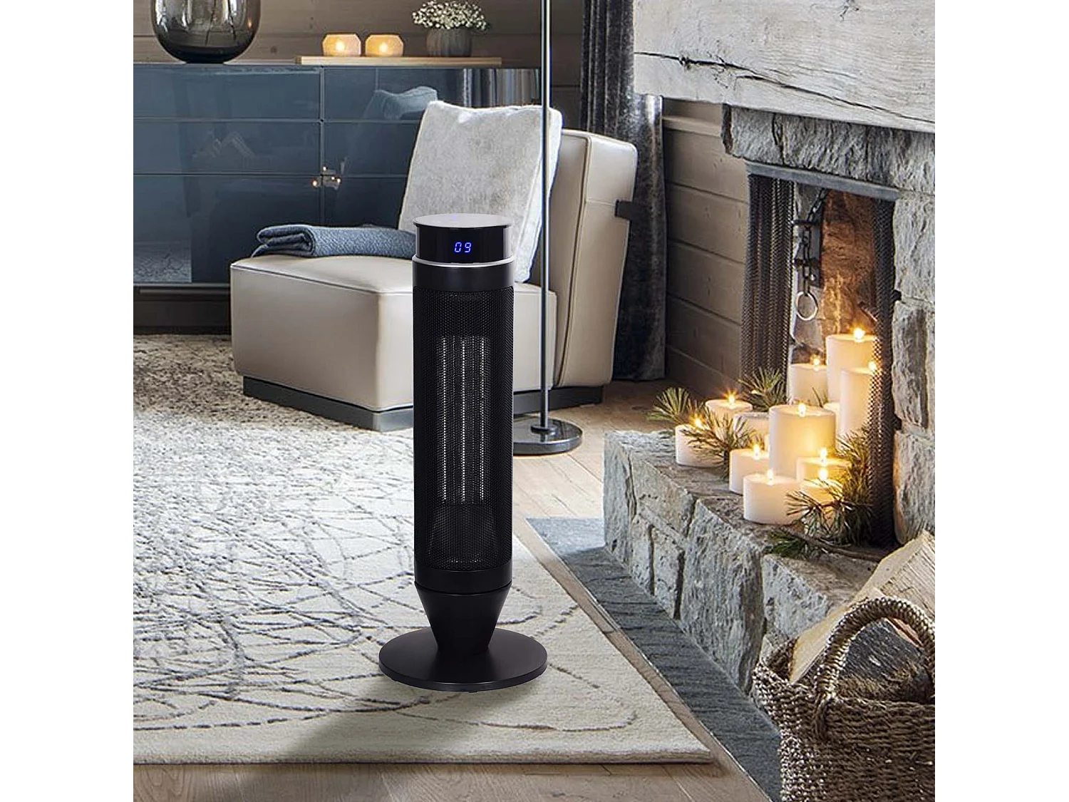 Chauffage Céramique Pivotant 2000W Kekai Tour Swing Black 12x12x53 cm Usage Intérieur avec Télécommande Incluse