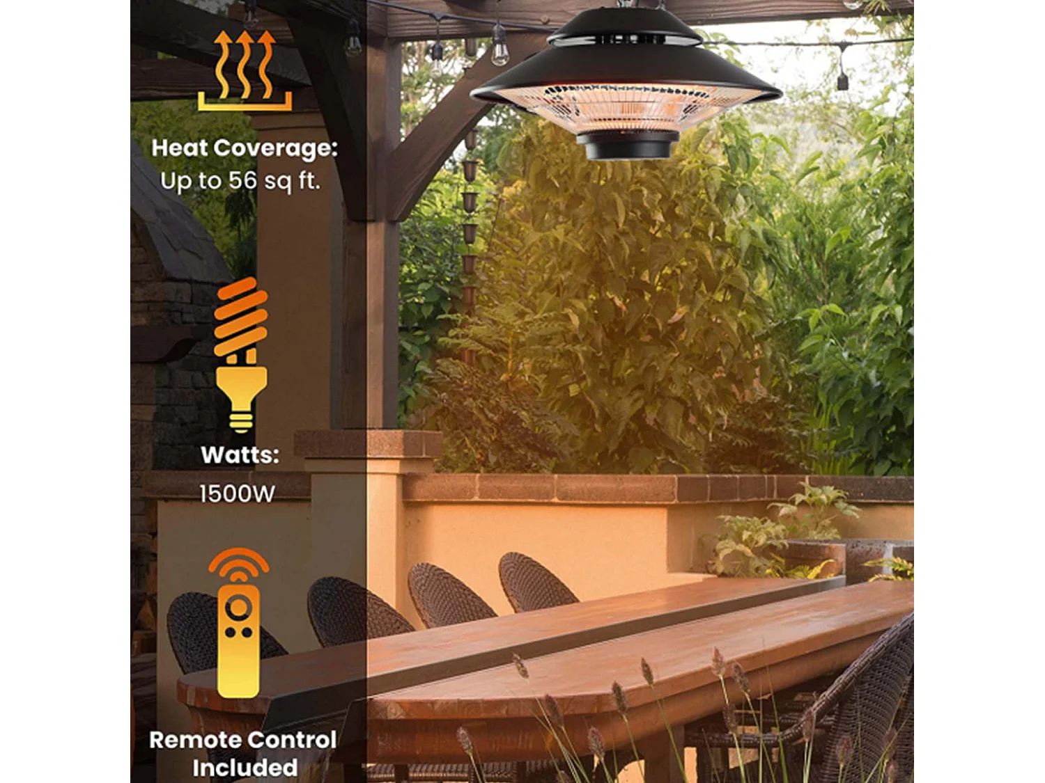 Chauffage Électrique Infrarouge Halogène 1500W Int. et Ext. Kekai Design Suspendu 42,5x42,5x24cm Télécommande incluse