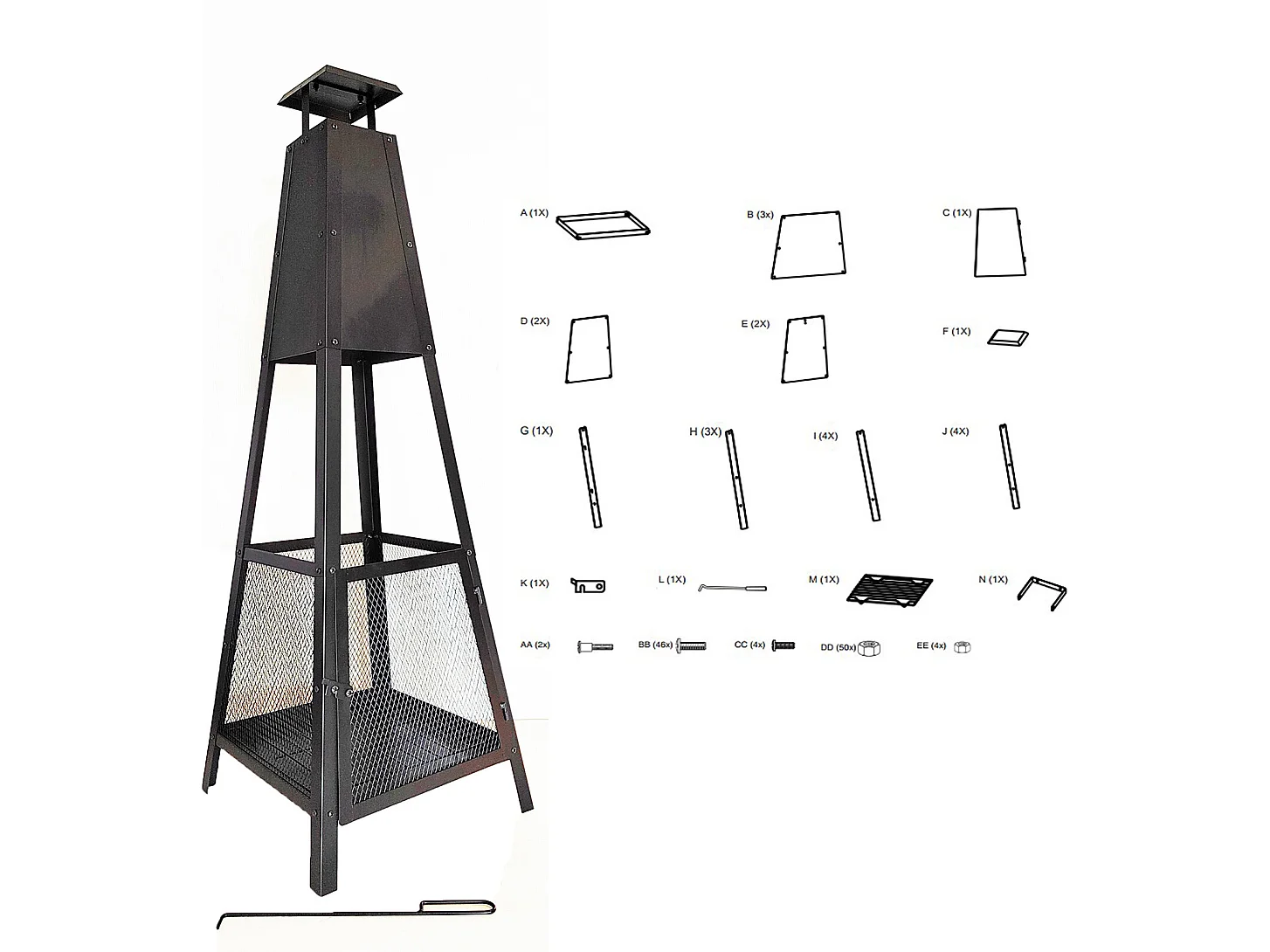 Cheminée Brasero Usage Extérieur Kekai Akita Totem 40x40x140 cm Design Pyramidale en Acier et Tisonnier