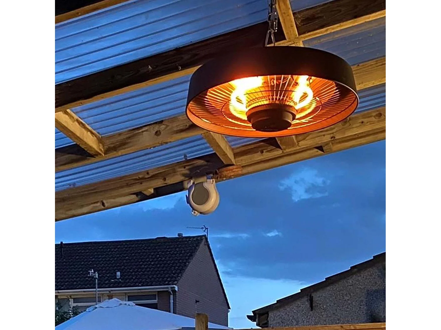 Chauffage Électrique Infrarouge Halogène 2000W Int. et Ext. Kekai Top Design Suspendu 48,5x48,5x21,6cm Télécommande