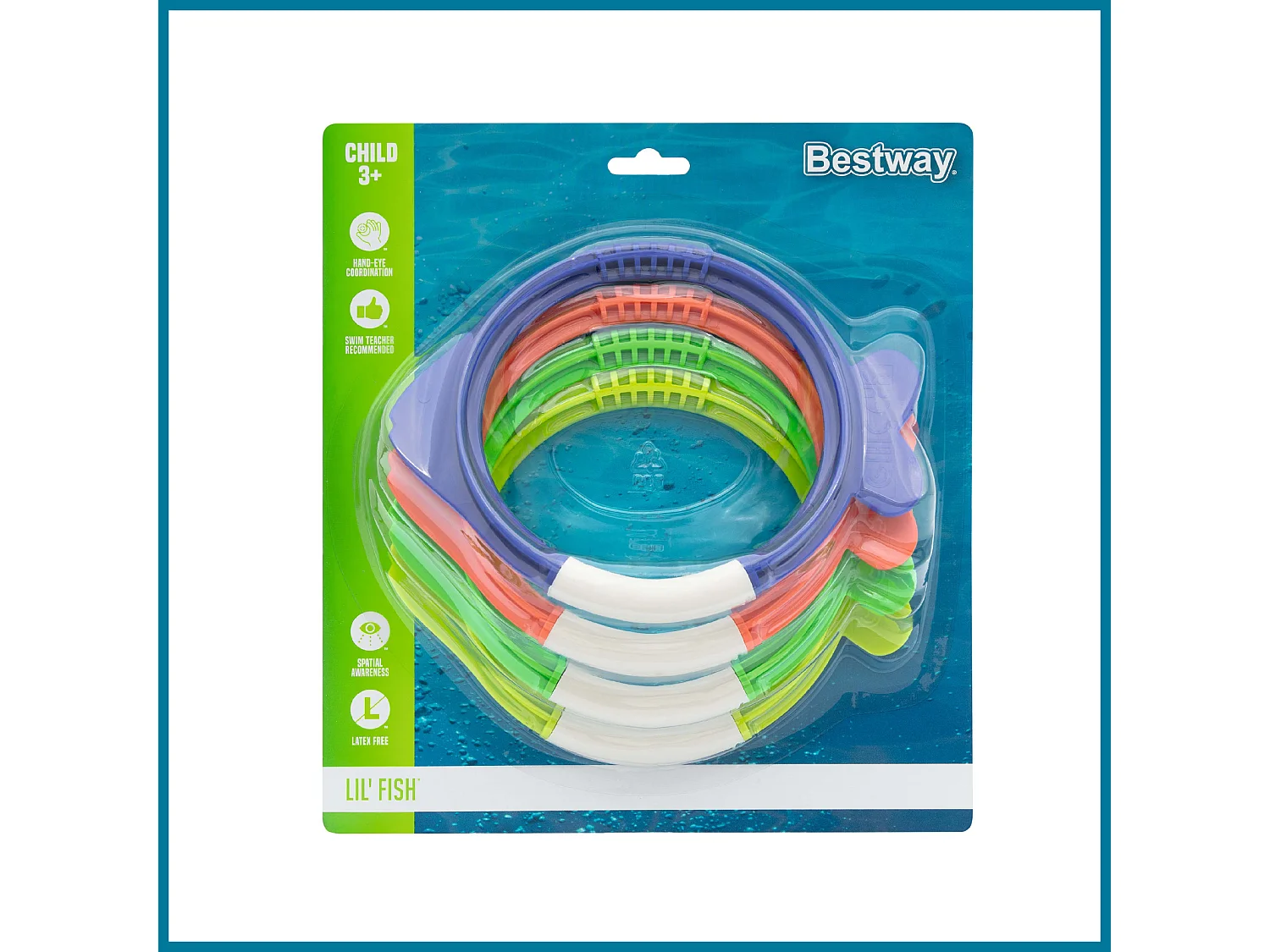 Jeu de Piscine Bestway Lil Fish avec 4 Anneaux de Plongée de Couleurs Bleu Orange Vert pour Enfants