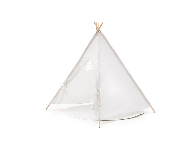 Tipi Infantil Montesori Robincool Koda 120x120x150 cm Plegable  Uso Interior y Exterior Fabricado en Tela Blanca Luces Alfombra