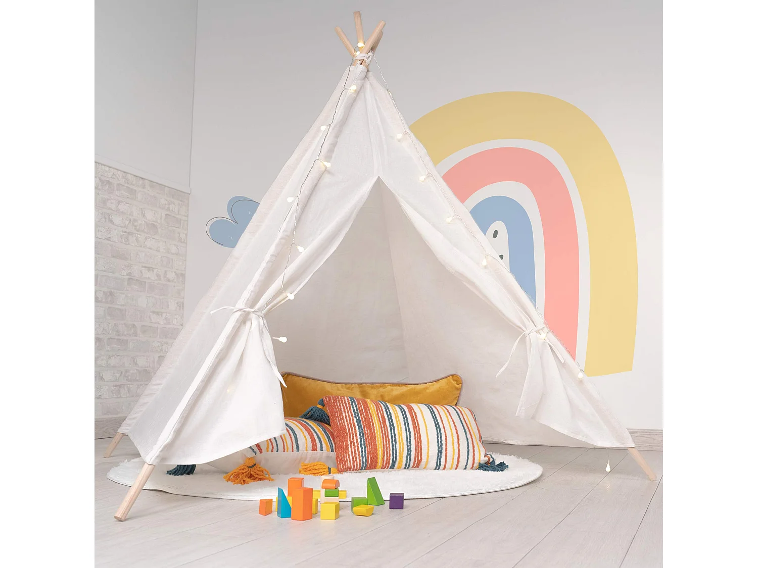 Tipi d'Enfant Montessori Robincool Koda 120x120x150 cm Pliable Usage Intérieur Extérieur en Tissu Blanc Lumières Tapis