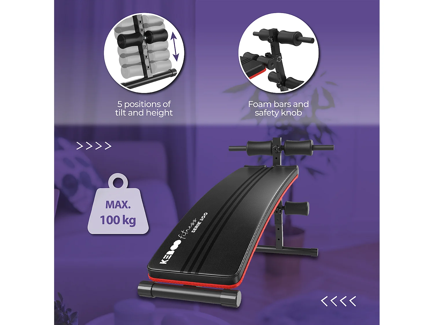 Pack Banco de Musculación Keboo Fitness Serie 300 145x47x70 cm y 6 Bandas Elásticas para Diferentes Niveles de Entrenamiento