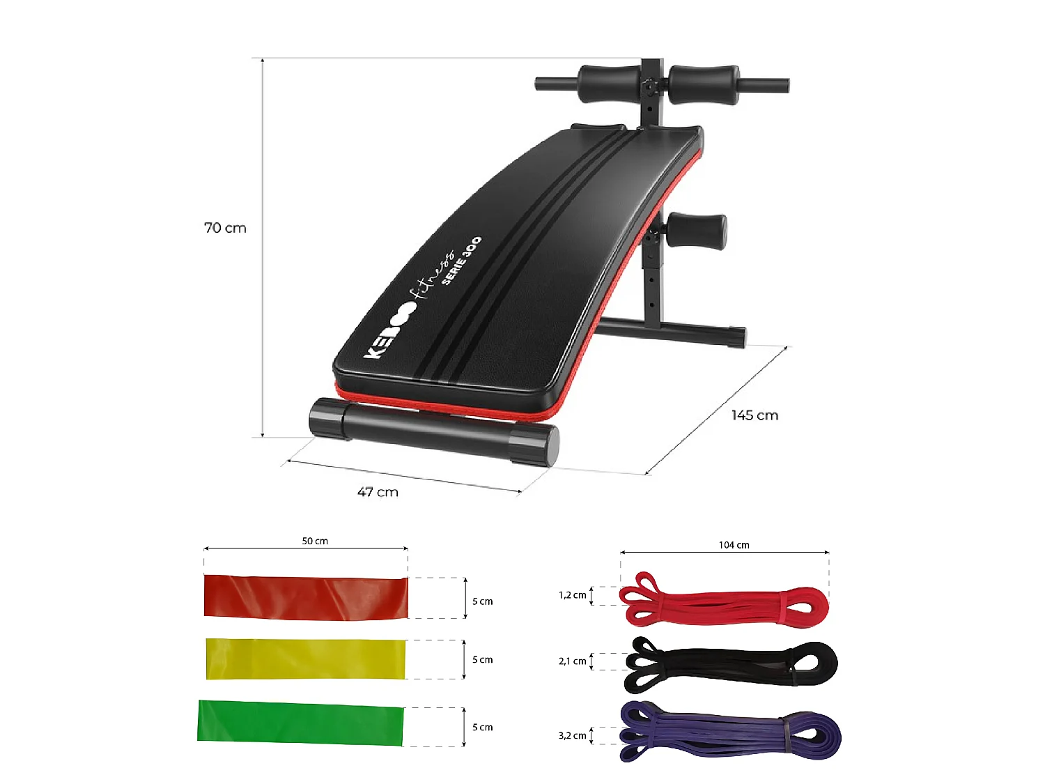 Pack Banco de Musculación Keboo Fitness Serie 300 145x47x70 cm y 6 Bandas Elásticas para Diferentes Niveles de Entrenamiento