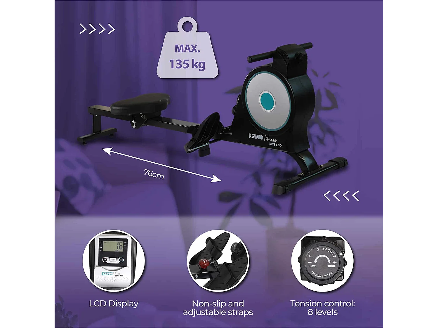 Rameur d'Entraînement Pliable Keboo Serie 500 Magnétique Masse d'Inertie de 2,5 kg Moniteur LCD