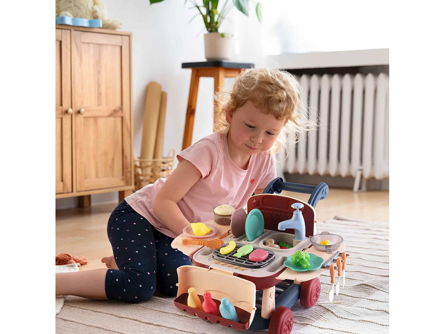 Cuisine pour Enfants 2 en 1 Circuit d'Eau Robincool Kitchen Cart 39x23x27 cm Caddie de Courses, Lumières 14 Accessoires