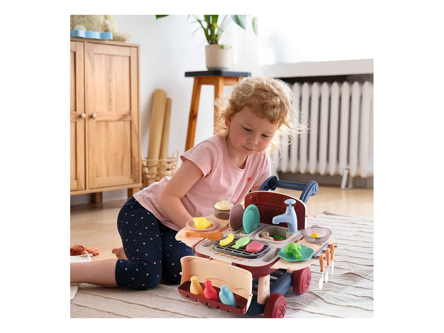 Cuisine pour Enfants 2 en 1 Circuit d'Eau Robincool Kitchen Cart 39x23x27 cm Caddie de Courses, Lumières 14 Accessoires