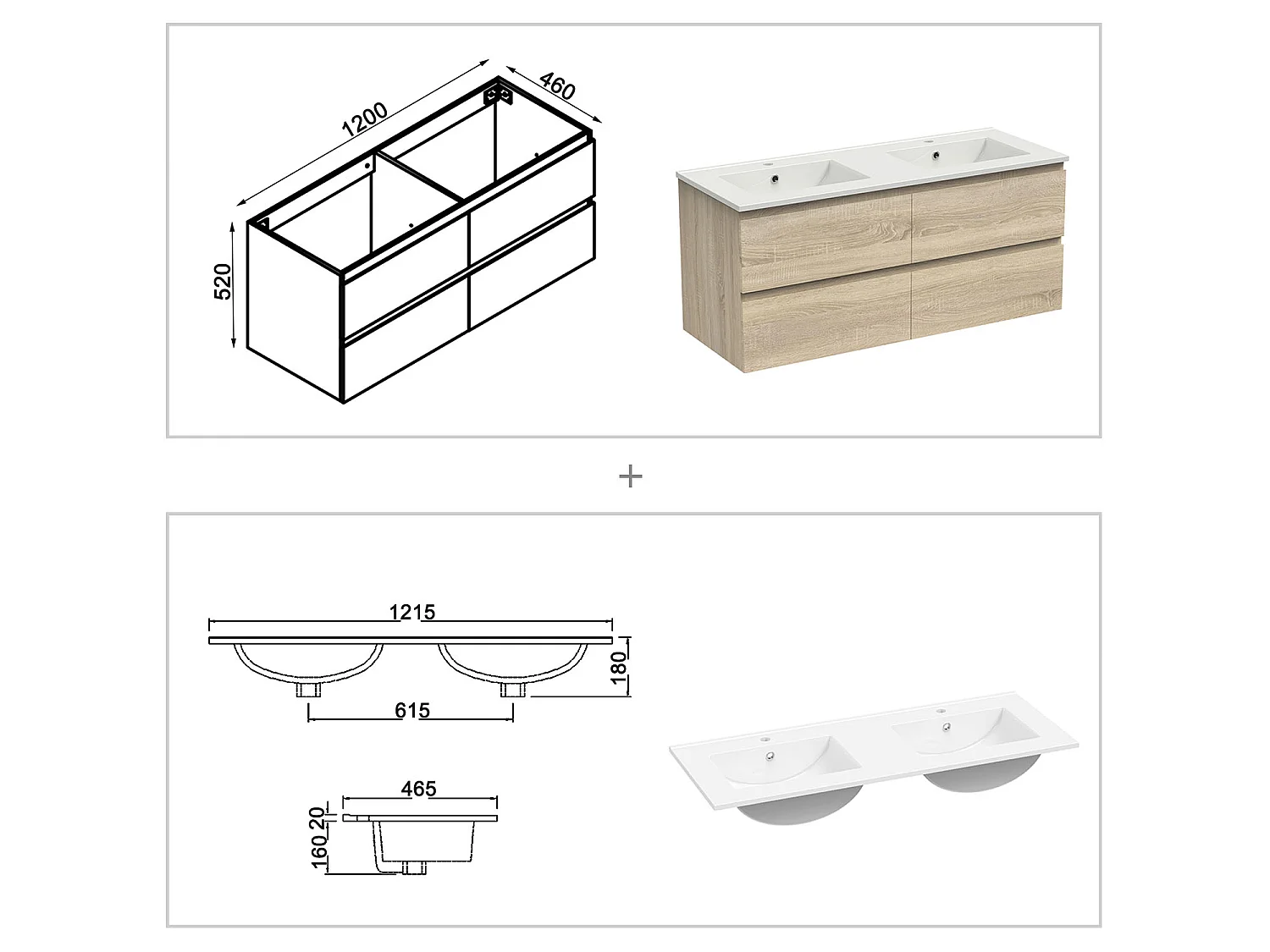 Ensemble muebles salle de bain 120cm double vasque + miroir Chêne Wotan - Aica